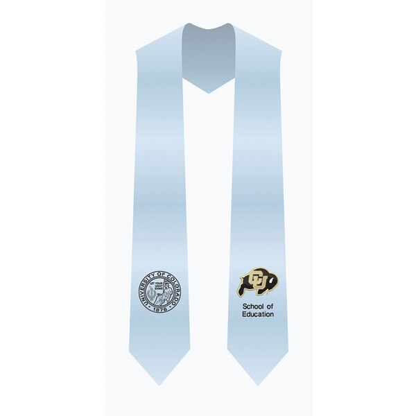 A light blue stole with a college seal on the right end and a C-U Buffalo logo on the left end. Light blue is for the School of Education.